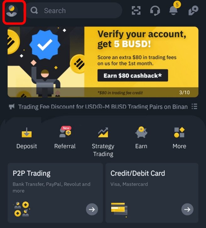 Trên ứng dụng Binance