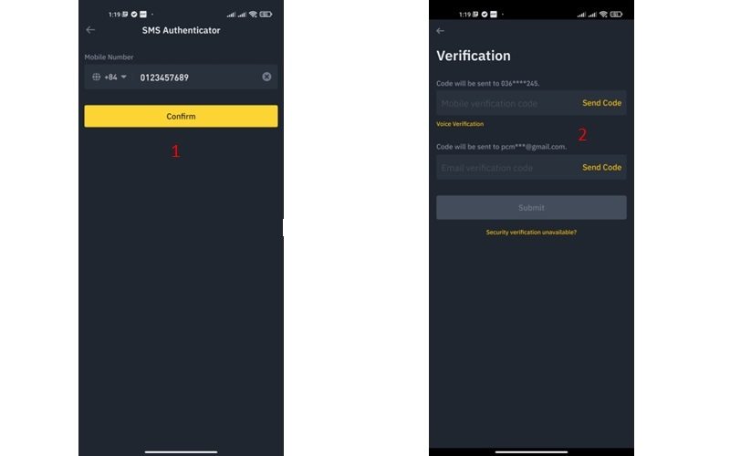 Xác thực SMS trên ứng dụng Binance