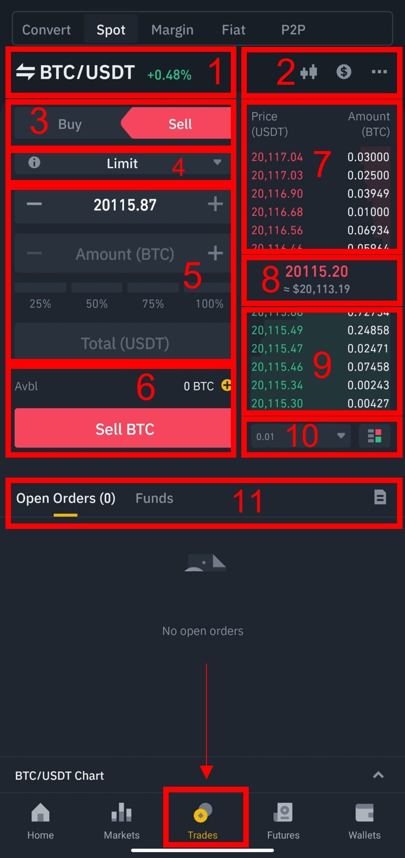 Giao diện giao dịch trên ứng dụng Binance Để truy cập vào giao diện giao dịch, bạn vào mục Trades và chọn mục Spot.