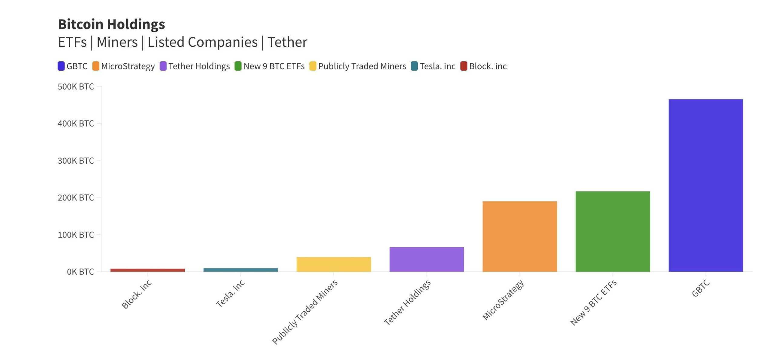 Thống kê lượng Bitcoin sở hữu bởi các chủ thể công khai. Nguồn: @dotkrueger trên X (Twitter) (13/02/2024)