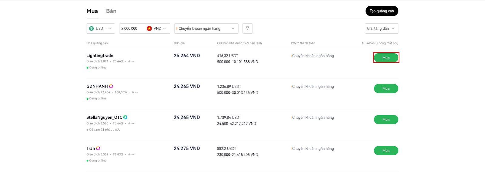 Bước 4: Chọn thương nhân bạn muốn giao dịch và chọn “Mua”.