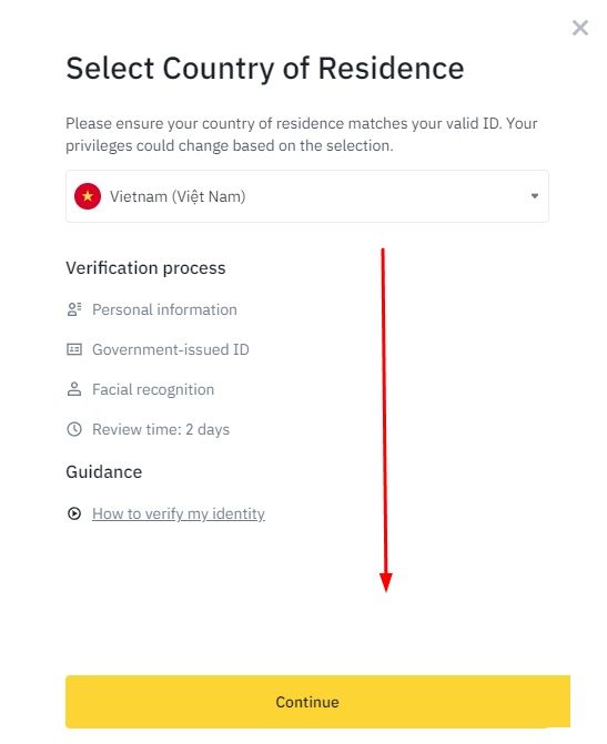 Chọn quốc gia của bạn và nhấn “Continue”