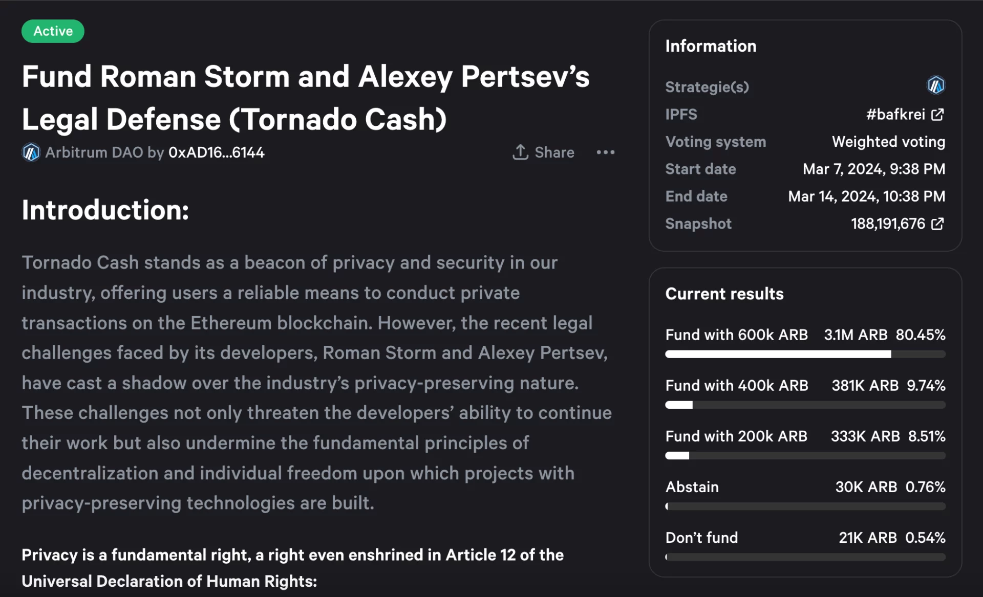 Arbitrum DAO Từ Chối Đề Xuất Tài Trợ Cho Tornado Cash