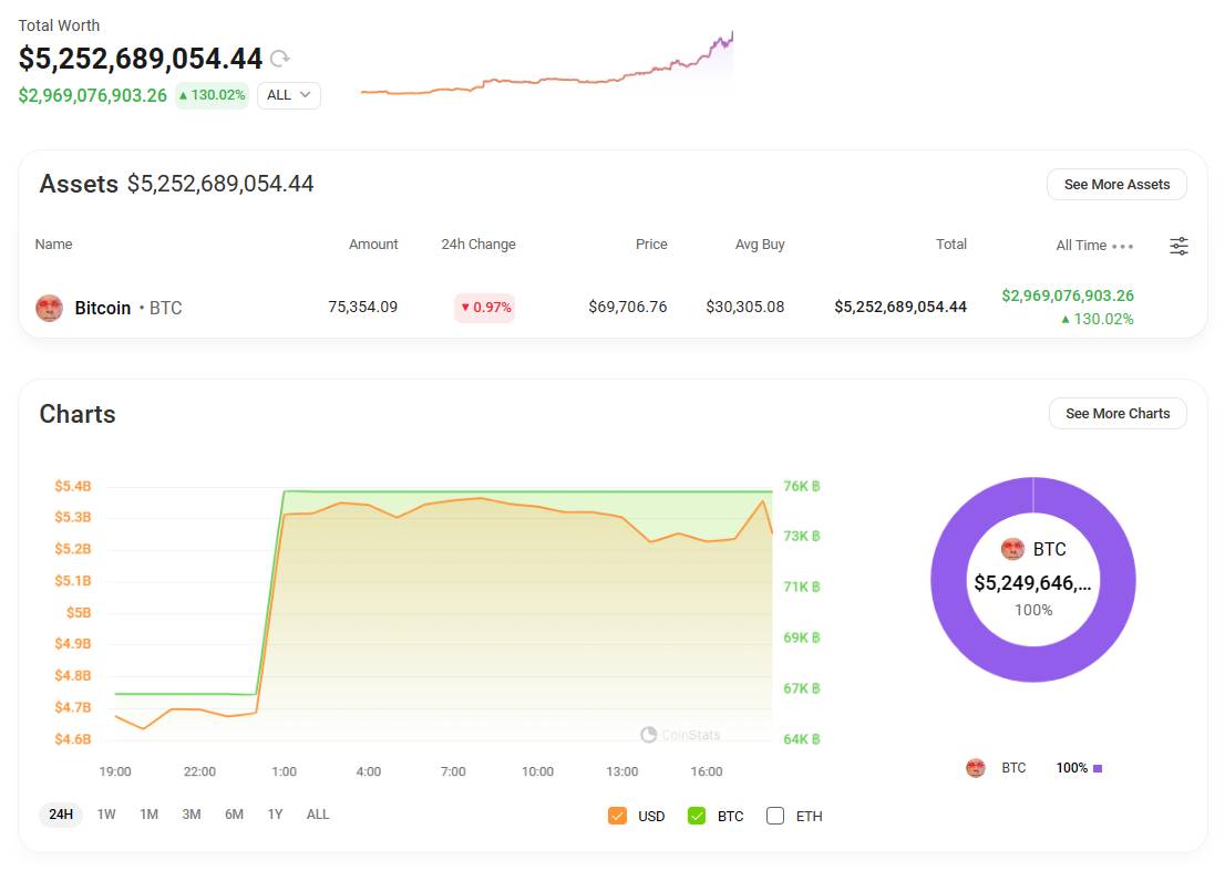 Biến động ví nắm giữ Bitcoin của Tether. Nguồn: CoinStats