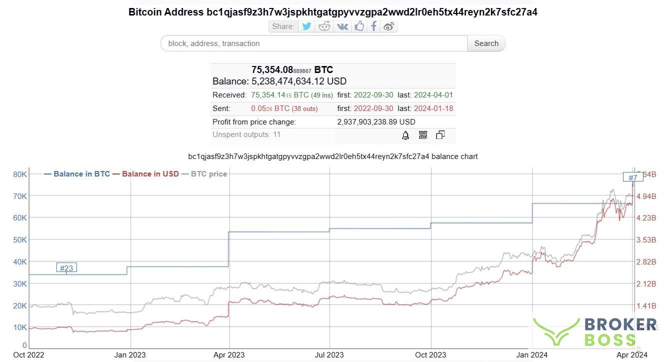 Địa chỉ ví Bitcoin được cho là của Tether. Nguồn: BitInfoCharts (01/04/2024)