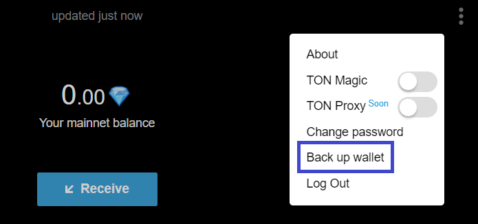 Bước 1: Nhấp vào dấu ba chấm ở góc phải giao diện ví, chọn "Backup Wallet".