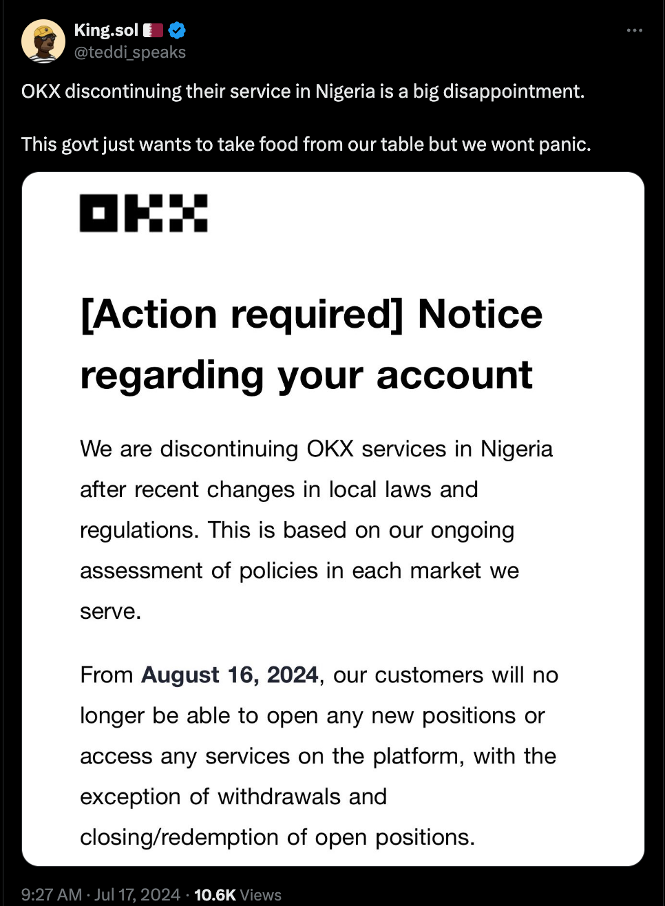 Email từ OKX gửi đến khách hàng Nigeria. Nguồn: King. Sol