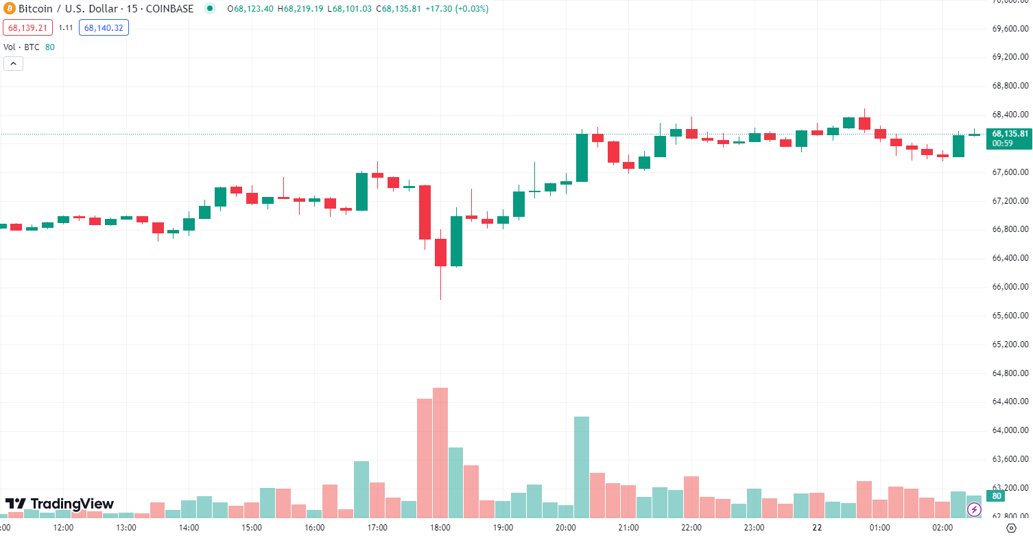 Bitcoin đã giảm tới 2,8% nhưng sau đó đã hồi phục từ mốc $65,800, tăng trở lại hơn 3,6% trong vòng 8 giờ qua, theo dữ liệu từ TradingView.