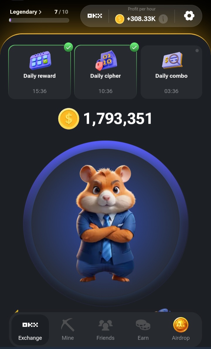 Tài khoản Hamster Kombat của Cointelegraph đã đạt cấp 7, tạo ra hơn 308,000 điểm mỗi giờ.